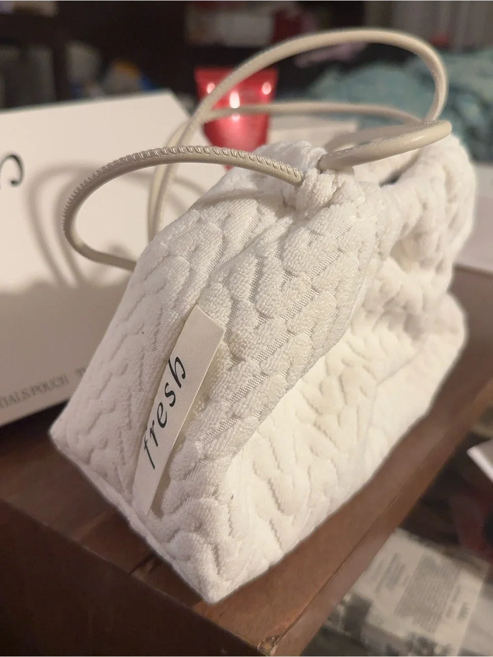 fresh cosmetics Large White Quilted Drawstring Top-Handle Drawstring Bag